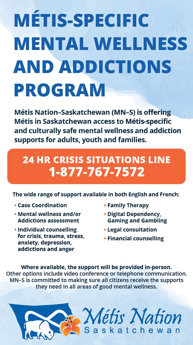 Indigenous Link (@aboriginal_link) on Twitter photo RT <a href="/BCMetis/">BC Métis Federation</a>:
#Métis Nation–Saskatchewan (MN-S) is offering Métis in Saskatchewan access to Métis culturally specific mental health and addiction supports for adults, youth and families.
If you, or someone you know needs help call the Toll-Free 24 hr Crisis Line 1-877-767-7572. RT <a href="/BCMetis/">BC Métis Federation</a>:
#Métis Nation–Saskatchewan (MN-S) is offering Métis in Saskatchewan access to Métis culturally specific mental health and addiction supports for adults, youth and families.
If you, or someone you know needs help call the Toll-Free 24 hr Crisis Line 1-877-767-7572.