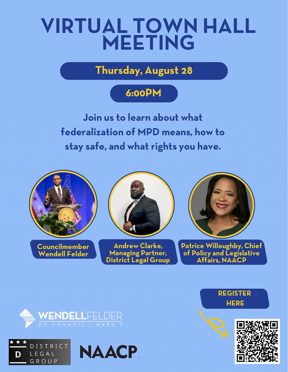 Join me Thursday, August 28 at 6PM for a town hall on the federalization of MPD. 

We’ll be discussing what this means for our community, how to stay safe, and what your rights are.

Let’s stay informed and united. Register by scanning the QR code or following the link in my bio.