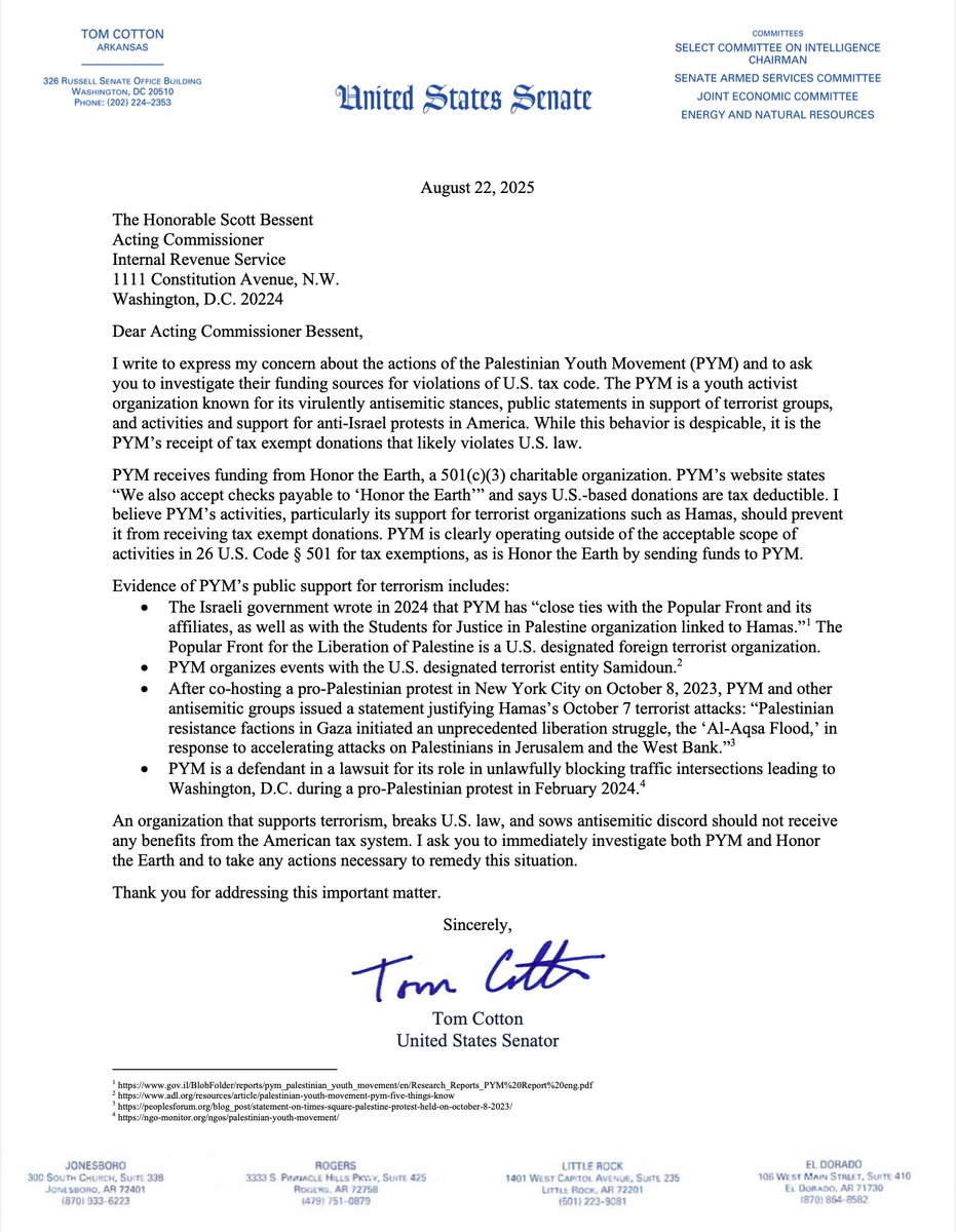 SenTomCotton's tweet image. An organization that supports terrorists, breaks U.S. law and promotes antisemitism shouldn’t benefit from the U.S. tax code. I’ve asked the IRS to investigate the Palestinian Youth Movement’s funding and ties to terrorism.