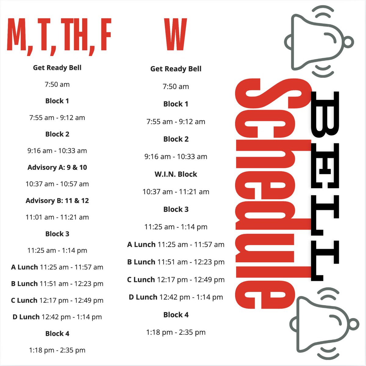As we get ready for Tuesday, August 26, 2025, we want to remind our Bulldogs that the schedule will look different this year. Advisory A and Advisory B are now back to back after second block