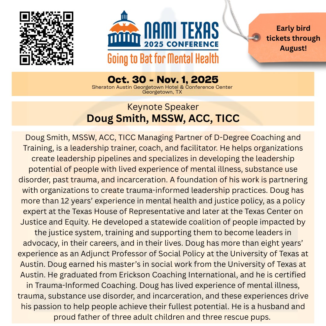 🙌 Excited to announce Doug Smith as a Keynote Speaker for Going to Bat for Mental Health — the 2025 NAMI Texas Annual Conference! 🎉

📅 Oct 30–Nov 1
📍 Join us for 3 days of advocacy, insight &amp; inspiration!
📲:whova.com/web/ak5JMhaRnm…