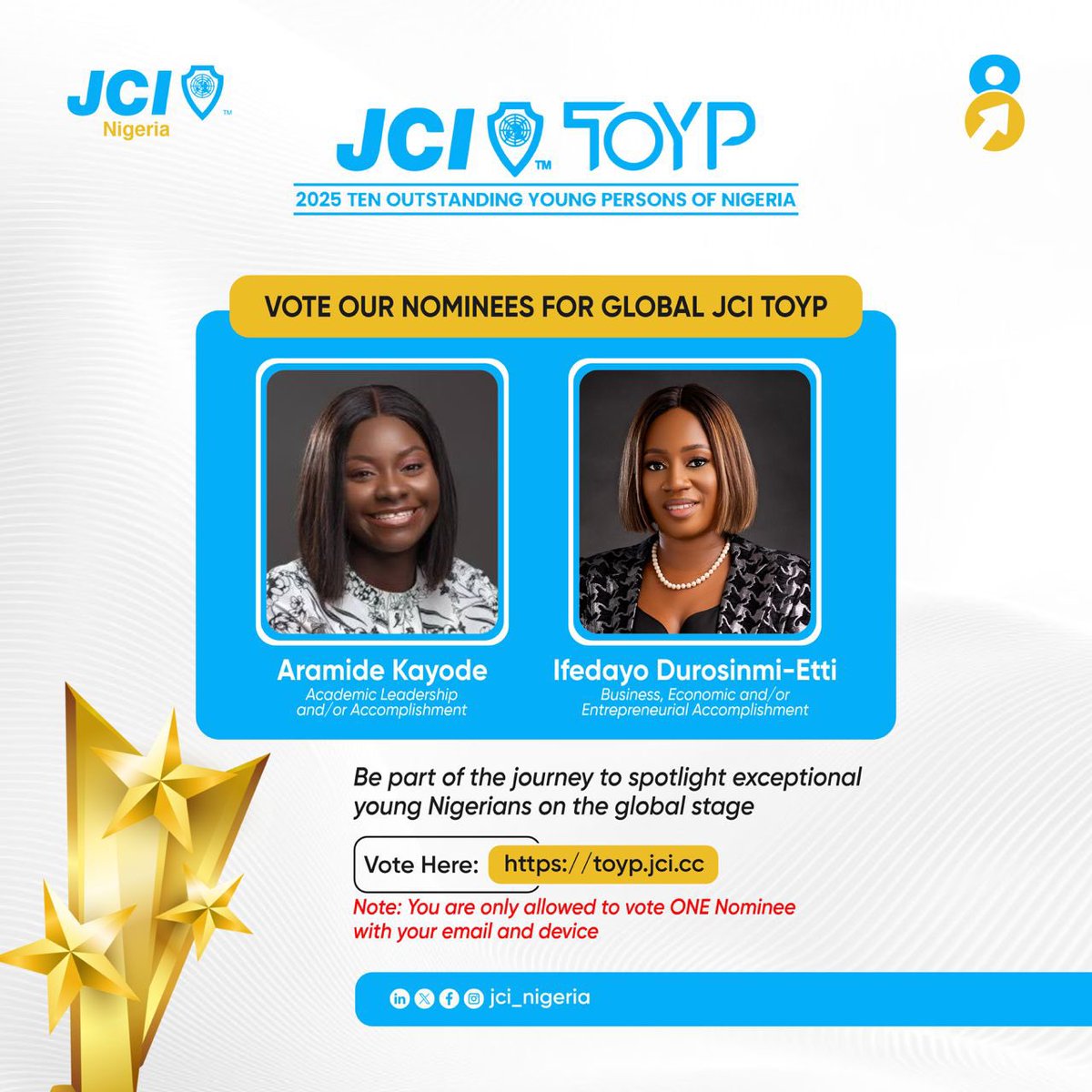 ⏳ Voting closes today! 

This is a call to support 2 incredible Nigerians - Aramide Kayode and Ifedayo Durosinmi-Etti for the 2025 JCI Ten Outstanding Young Persons of the World.