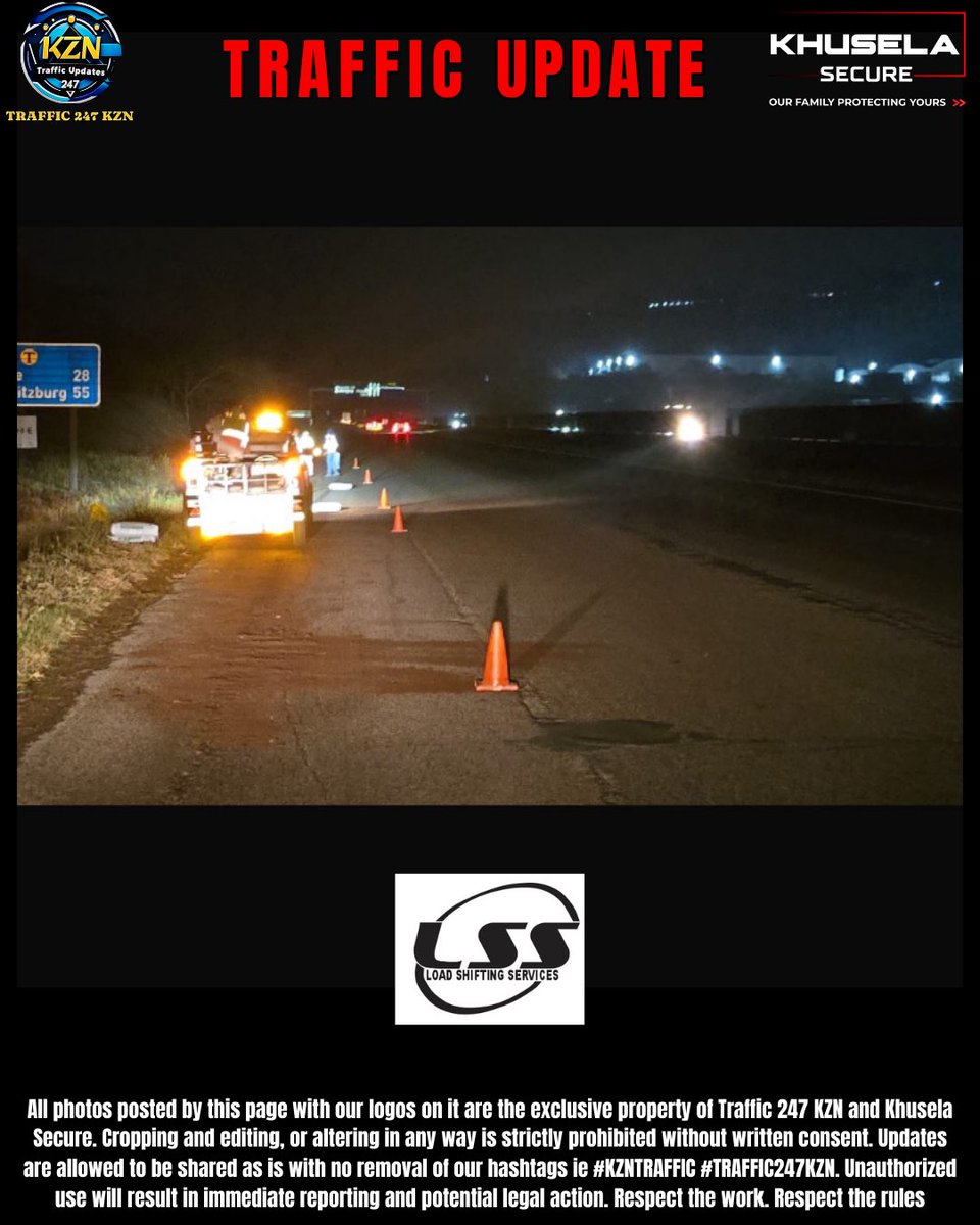 Time - 21:06
Date - 22 August 2025

Diesel Spill on N3 Northbound between M1 and Stockville Road offramp. LSS clean up team on scene 

#KZNTRAFFIC #TRAFFIC247KZN