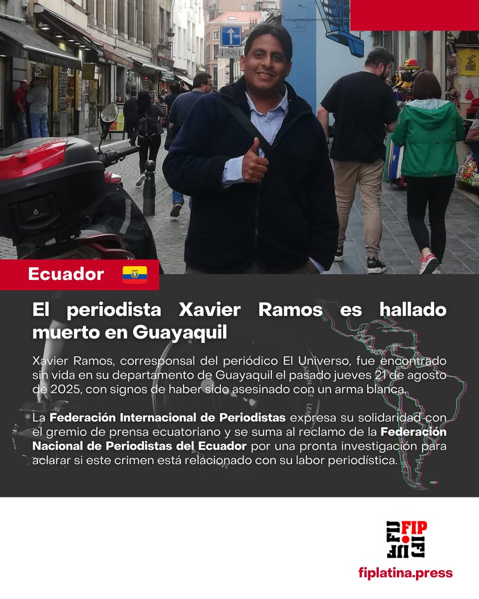 #Ecuador🇪🇨: el periodista Xavier Ramos es hallado muerto en Guayaquil

💻 Xavier Ramos, corresponsal del periódico El Universo, fue encontrado sin vida en su departamento de Guayaquil el pasado jueves 21 de agosto de 2025, con signos de haber sido asesinado con un arma blanca.