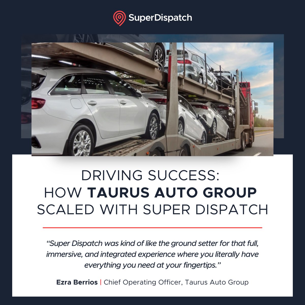 “Super Dispatch is probably the quickest platform we use to look at loads, accept them, and keep things moving.” – Ezra Berrios, COO
🚚 Taurus Auto Group’s success story 👉 hubs.li/Q03D_zf00