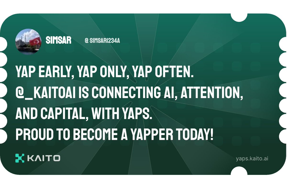 Yap early, yap only, yap often.

<a href="/KaitoAI/">Kaito AI 🌊</a> is connecting AI, attention and capital with Yaps.

Just claimed my social card and I'm accumulating Yap points in real-time.

Claim yours 👉 yaps.kaito.ai/referral/14573…