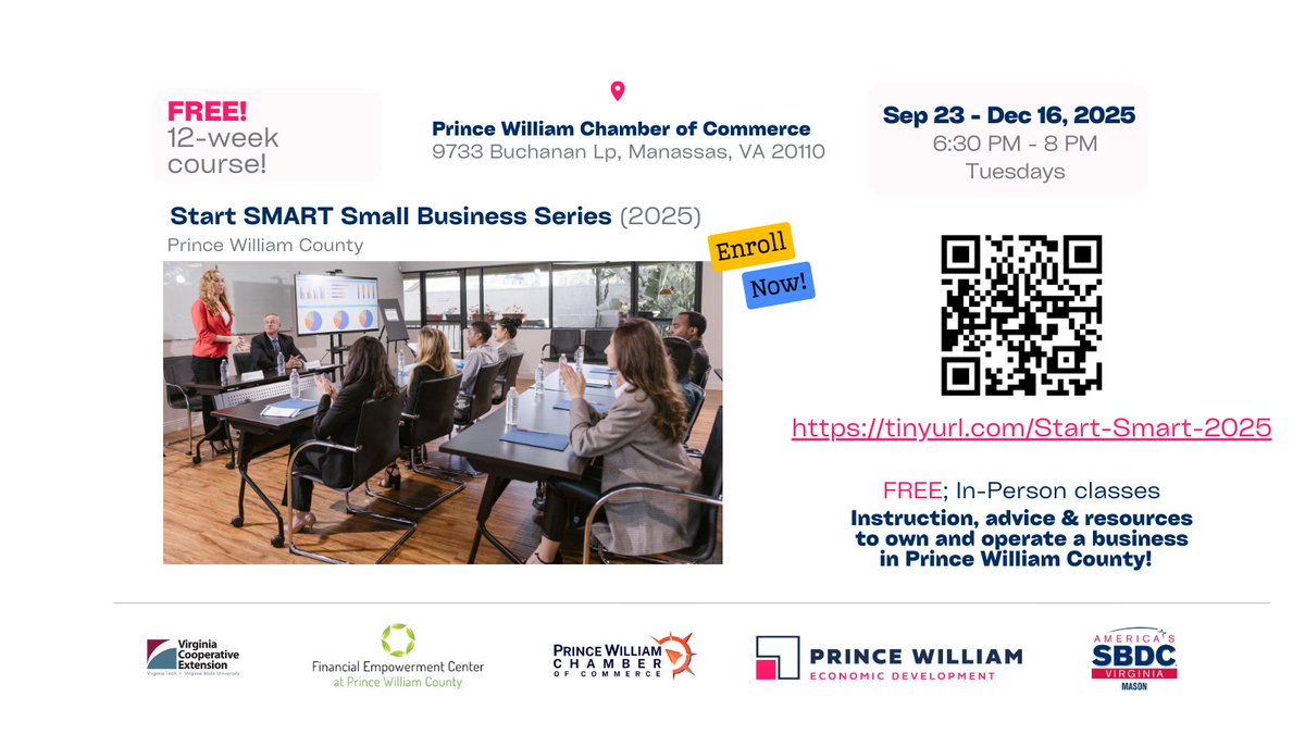 Hey friends in #PrinceWilliamCounty! The 12-week, 2025 Start SMART Small Business Series is open for Registration.

11 weeks instruction + 1 Pitch Competition.
Go check out the details, curriculum &amp; register ---&gt; ow.ly/V8jr50WKlhJ

We're a month away, but seats are going!