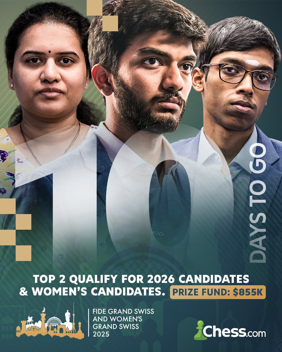 chesscom_in's tweet image. ⏳ Just 10 days to go! 

The 2025 FIDE Grand Swiss kicks off soon, where the top 2 players in both Open and Women’s sections will secure their spots in the 2026 #FIDECandidates! @FIDE_chess