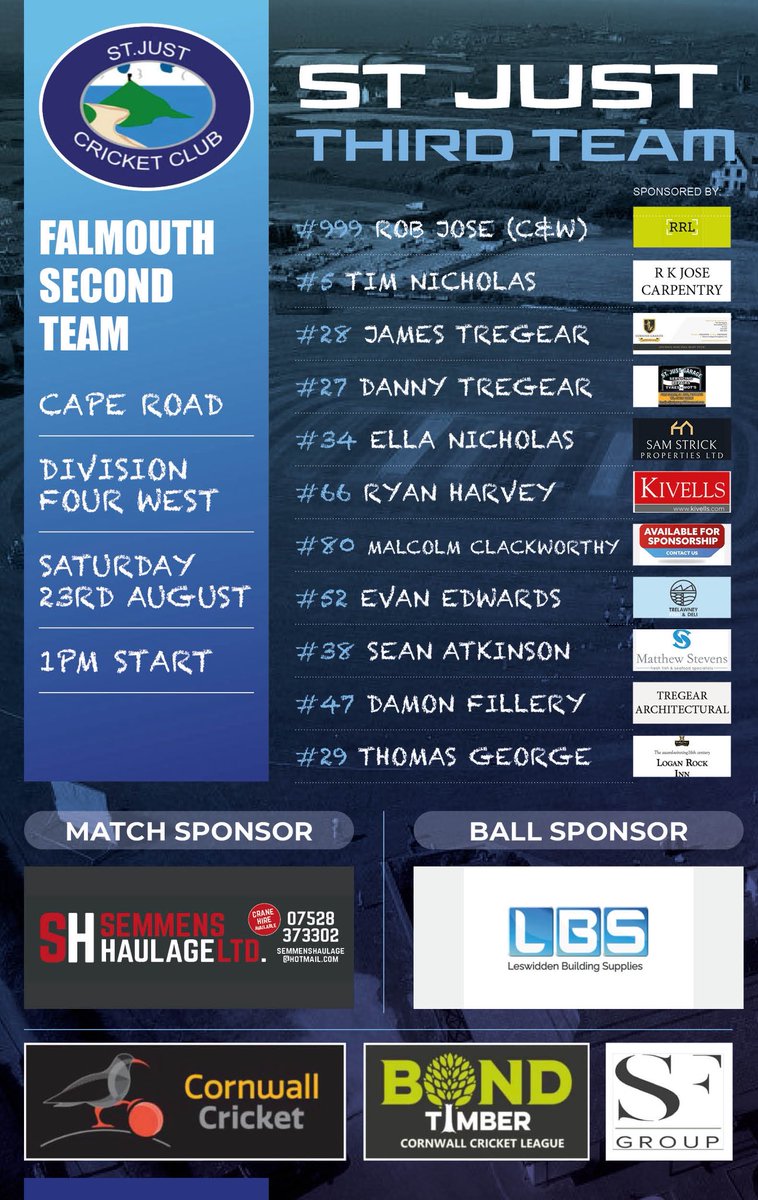 stjustcc's tweet photo. Your weekend teams are here and may vary! Thanks to matchday sponsors Semmens Haulage &amp; Leswidden Building Supplies. Good luck to all teams ☀️🏏 https://t.co/tO2thSyi5n