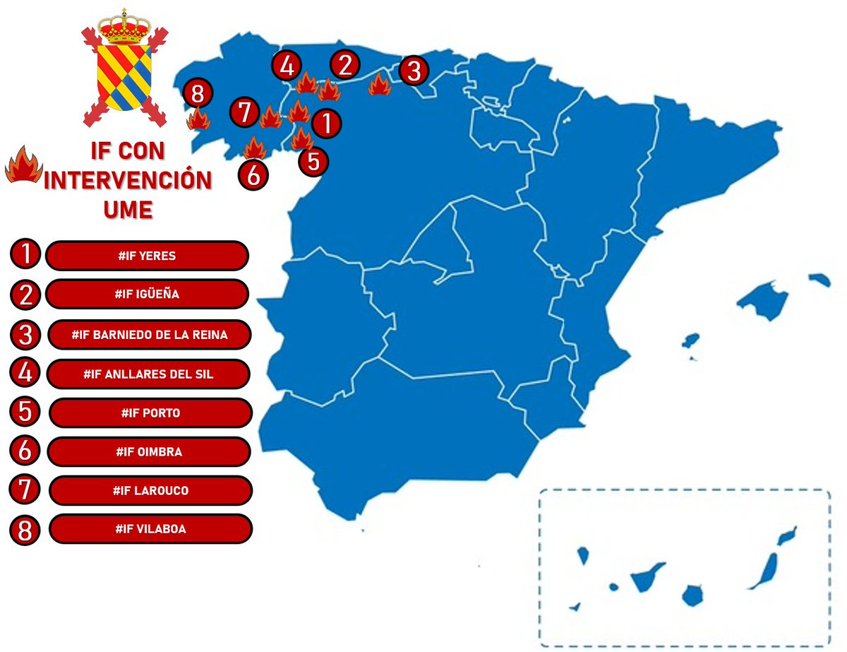 UMEgob's tweet photo. Despliegue actual de la #UME
📍 #IFYeres #León
📍 #IFColinasDelCampoDeMartínMoro #León 
📍 #IFBarniedoDeLaReina #León 
📍 #IFAnllaresDelSil  #León 
📍 #IFPorto #Zamora 
📍 #IFOímbraXinzoDeLimia #Ourense 
📍 #IFSeadurLarouco #Ourense 
📍 #IFSantaCristinaDeCobresVilaboa #Pontevedra
 
Trabajo conjunto, en equipo.
TODOS #Seguimos 

#Compromiso #Servicio #Humildad
