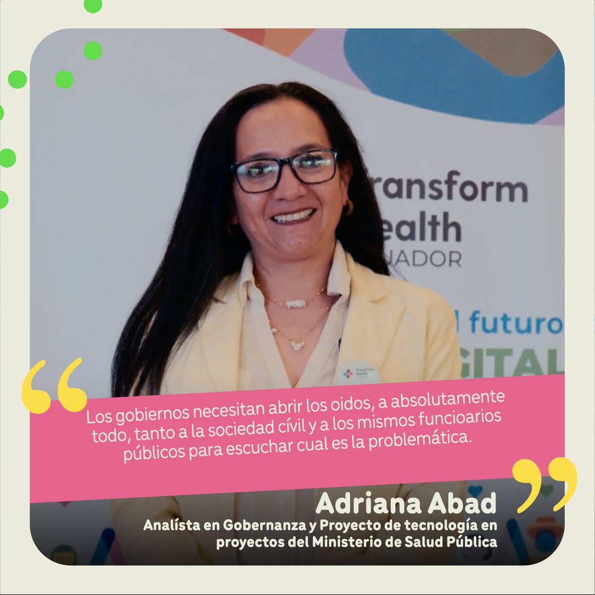 Adriana Abad sabe que para que más propuestas, como las hechas por #TransformHealth 🌐, sean posibles, es necesario fomentar espacios que construyan este camino hacia la transformación inclusiva del sector sanitario del país✍🏻.
#MinisteriosDeSaludPublica #DatosDigitales