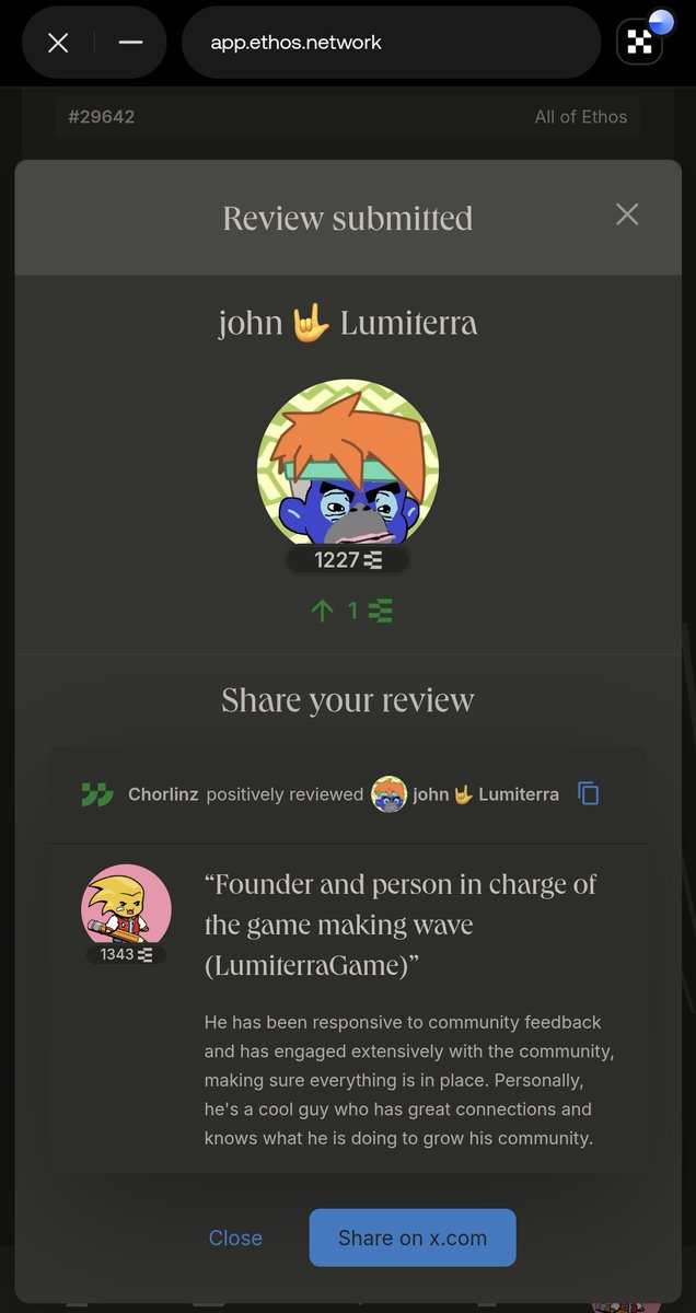 I just reviewed <a href="/JohnLumiterra/">john 🤟 Lumiterra</a> on Ethos.
I speak for all of us here on <a href="/LumiterraGame/">Lumiterra</a>, that a positive review for the founder is well deserved