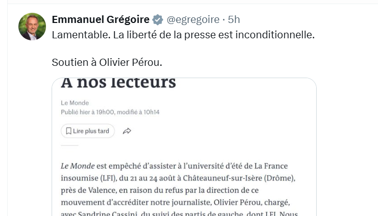 Entre deux appels aux dons, Emmanuel Grégoire prend la défense du journaliste du Monde non accrédité par LFI, tandis que Brossat et Belliard gardent courageusement le silence, sans doute pour ne pas obérer leur future alliance parisienne avec le mouvement de Mélenchon.