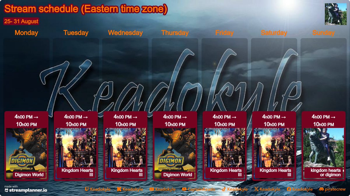 Keadokyle's tweet image. Next weeks streaming schedule #digimon #kingdomhearts if digimon world does well there will be more digimon games streamed also finishing 100% kingdom hearts 3 on crit.