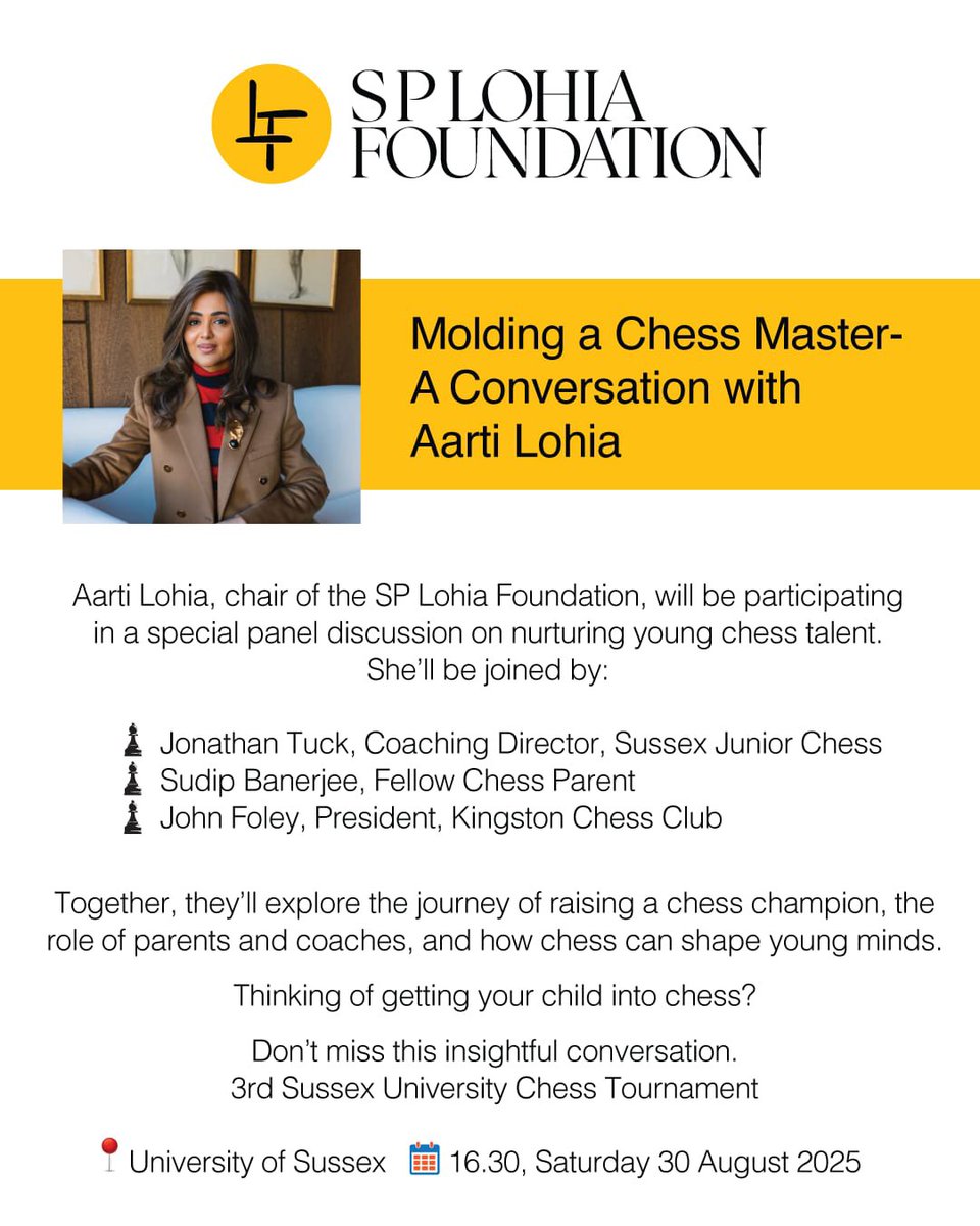 Aarti Lohia (@aartilohia23) on Twitter photo Delighted to be invited by <a href="/SUChessTourneys/">Sussex Chess</a> to be part of a panel. Hope to meet many like minded parents and make new friends <a href="/ecfchess/">English Chess Federation (ECF)</a> <a href="/EngChessTrack/">English Chess Tracker</a> Delighted to be invited by <a href="/SUChessTourneys/">Sussex Chess</a> to be part of a panel. Hope to meet many like minded parents and make new friends <a href="/ecfchess/">English Chess Federation (ECF)</a> <a href="/EngChessTrack/">English Chess Tracker</a>