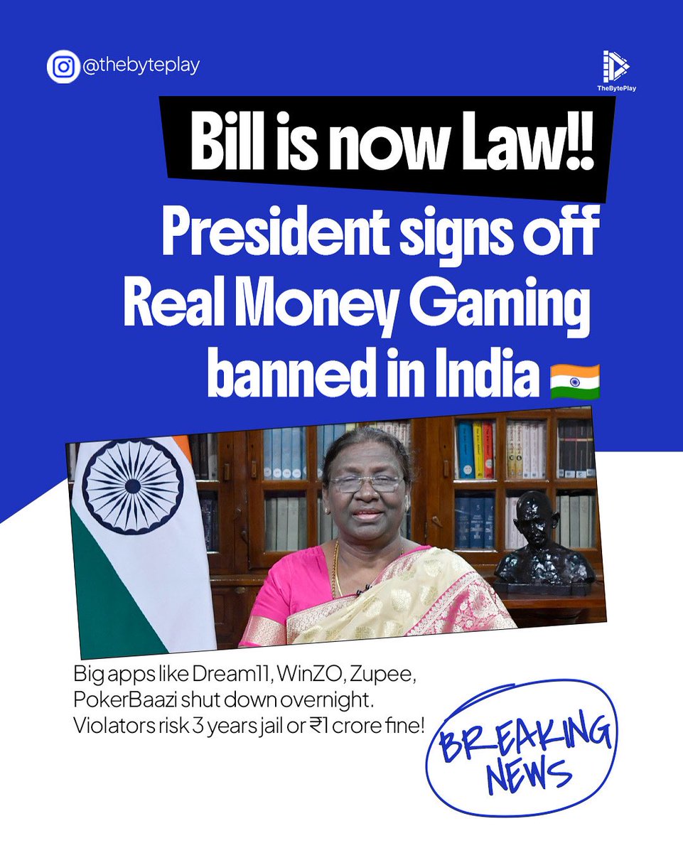 thebyteplay's tweet photo. President of India officially confirms the departure of all Real Money Games in India! A new era of Esports is in making🔥

#OnlineGamingBill2025 https://t.co/5wJrpNoknC