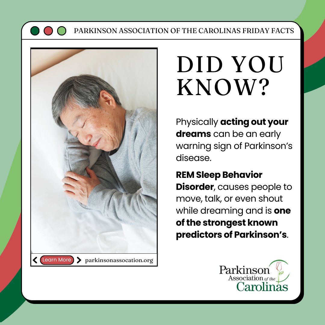 🧠 #FridayFacts: Did you know acting out your dreams can be an early warning sign of Parkinson’s disease?

This condition, called REM Sleep Behavior Disorder, can appear decades before diagnosis. Learn more ⬇️
🔗 michaeljfox.org/acting-out-dre…
#Parkinsons #PAC #HopeThroughResearch