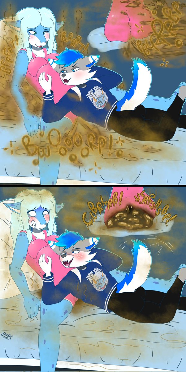 Klovsi's tweet photo. Commission for @Spot_the_foxxo  :3

Yuliana wants to fix her upset stomach caused by veggies... With a veggie smoothie... She's too innocent!

Scat warning in second picture 💩⚠️ https://t.co/rpoaVYDOZB