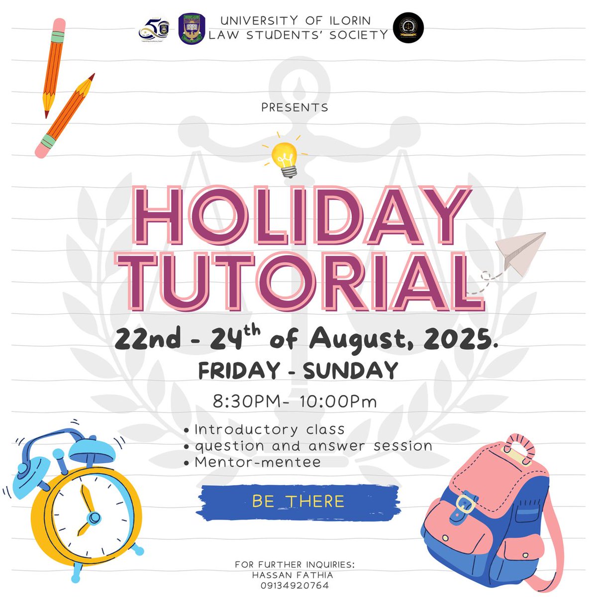 ✨IT'S TONIGHT 🤩⚡

Join the LSS Holiday Tutorial session starting tonight. You stand to benefit from the following:

📌 Concise Introductory  
      Classes,
📌 Question &amp; Answer    
       Sessions,
📌 Adequate Education on 
      Prospective Courses, 
📌 Mentorship ,