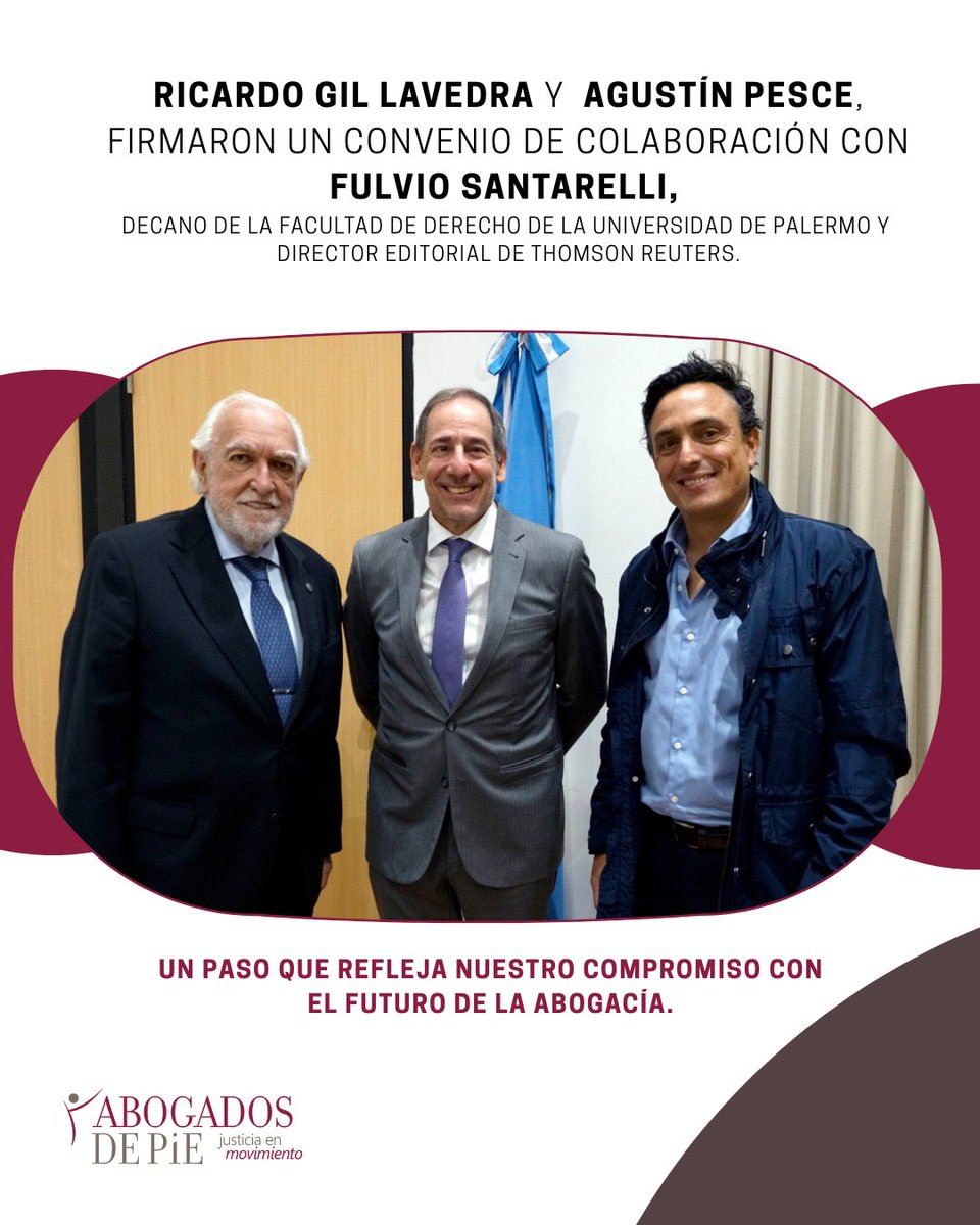 Convenio de colaboración firmado 🖊️👥 
⚖ Ricardo Gil Lavedra (Presidente CPACF)
💻 Agustín Pesce (Director del Laboratorio FinTech y LegalTech)
📚 Fulvio Santarelli (Decano de Derecho UP / Director Editorial Thomson Reuters) 
Comprometidos con la abogacía 🫱🏻‍🫲🏼⚖️
