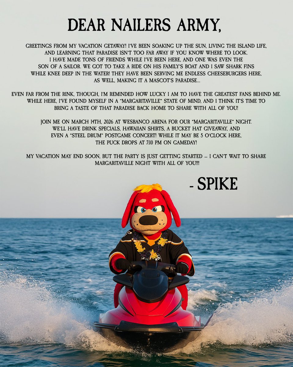 In case you missed it, Spike is living it up on vacation… so much so that he is bringing a slice of paradise back to Wheeling! 🏝️

Get tickets NOW to Margaritaville Night on 3/14 by heading to wheelingnailers.com or call 304.234.GOAL

#SteelTheMoment