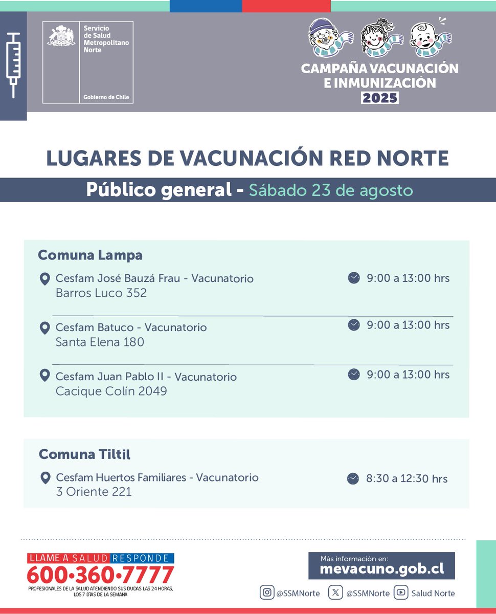 💉 ¡Este sábado 23 de agosto te esperamos!
Protégete, cuida a tu familia y a tu comunidad: ¡Vacúnate! 🙌

¿Todavía no te has vacunado? 🏥
👉 ¡Aún estás a tiempo!

🔹 Revisa los puntos de vacunación en nuestra red y acércate al más cercano.