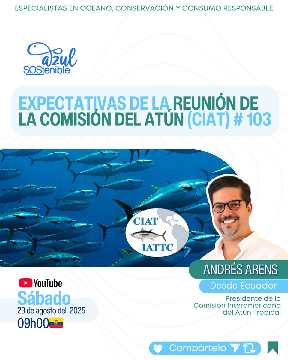 🌊🐟 ¿Qué se espera de la reunión #CIAT103?

🎥 Conversaremos con Andrés Arens, Presidente de la Comisión sobre los puntos que marcarán el rumbo de la pesca de atún en el Pacífico.

✅ Súmate al programa EN VIVO 👉 youtube.com/live/bT6yJ2Aw2… 🌊🐟 Con <a href="/tiburazul/">Guillermo A. Morán Velásquez</a>