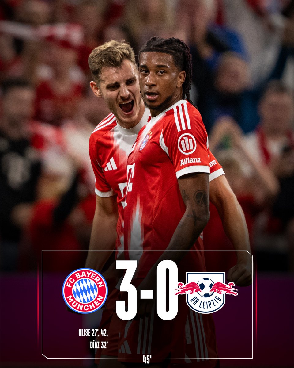 🔔 𝐇𝐀𝐋𝐅-𝐓𝐈𝐌𝐄 𝐋𝐄𝐀𝐃 💪

What a half of football at the Allianz Arena! 🔴

#FCBayern #MiaSanMia | #FCBRBL