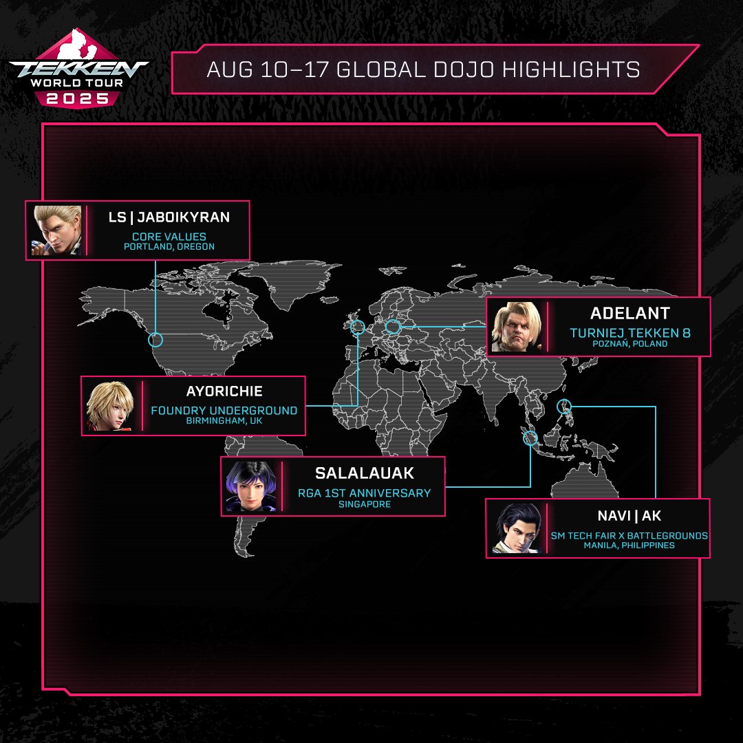 Here are a few of the Dojo Events that took place around the world last week!

Register for #TWT2025 and visit the ETP to find tournaments near you!

🔗 tekken-esports.bn-ent.net