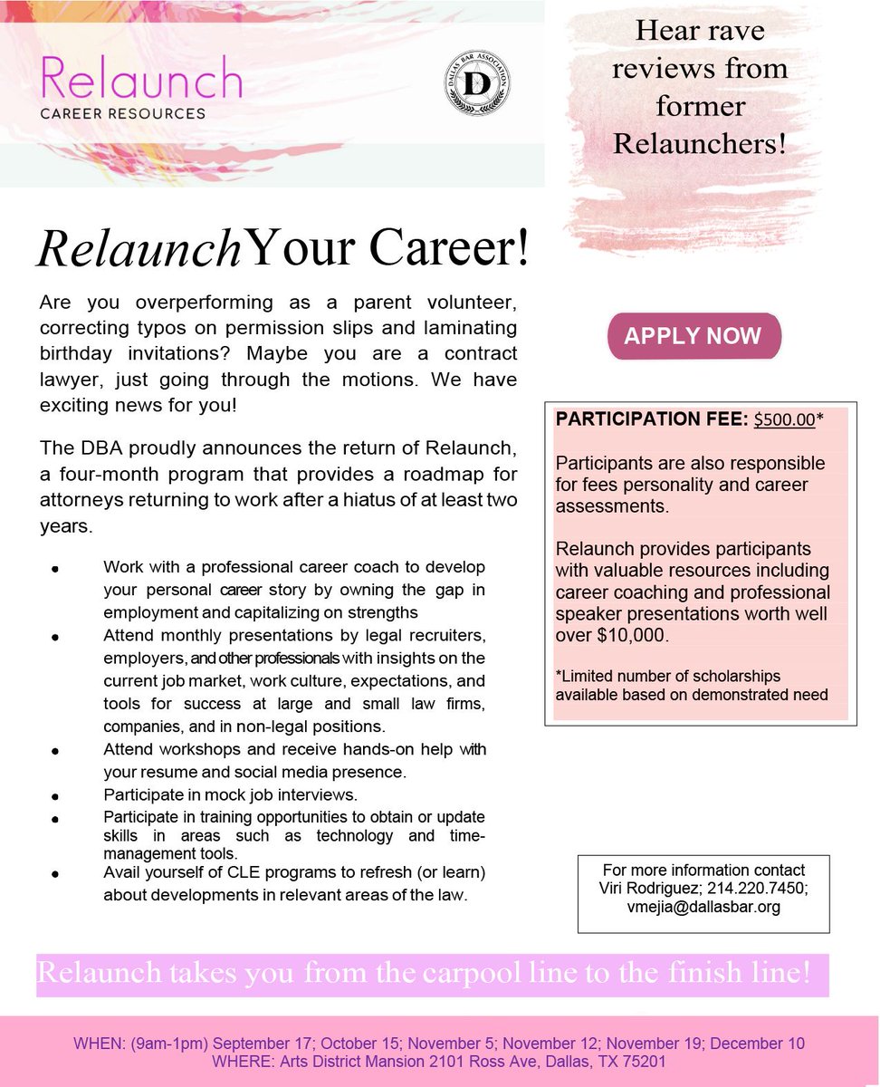 DallasBarAssoc's tweet image. Been away from practicing law? Time to dust off that briefcase! 🧳 The DBA Relaunch program is your launchpad back into the profession you love. Sign up and take that next big step!buff.ly/BpAU6UP #DBARelaunch #BackToPractice #LawyersOnTheMove #DBA2025
