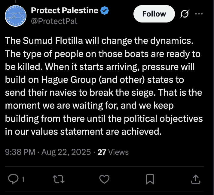 TVFreePalestine's tweet image. Let me get this staight, you are banking on the Zionists to murder people on the flotilla, to motivate the Hague Group into military action?
What an unbecoming plan by someone entrusted with the lives of people. You should be taking the Flotilla to Cyprus and take over the UK…