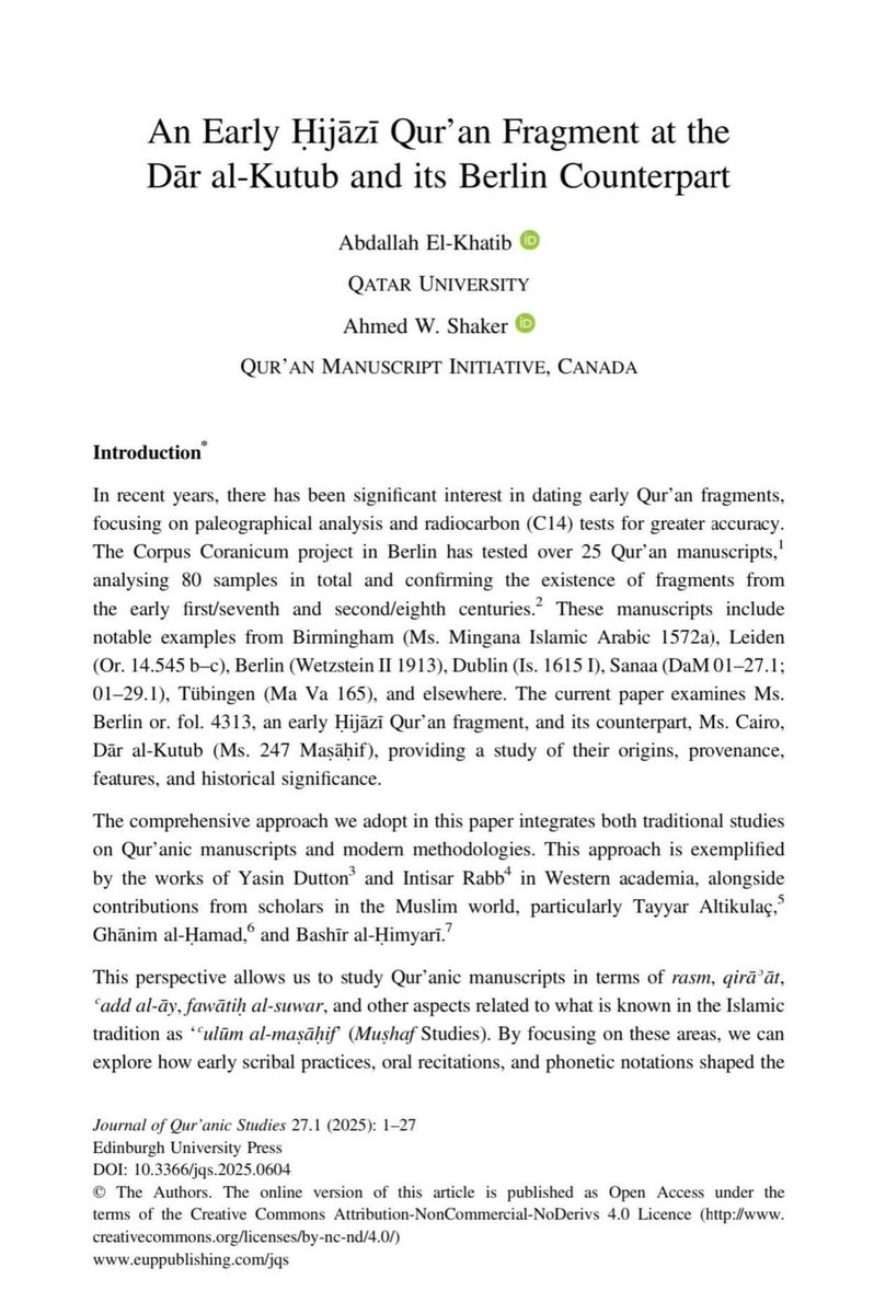 Glad to announce that our new paper has been published in the Journal of Qur’anic Studies (SOAS, University of London), examining one of the oldest Hijazi Qur’ān fragment in world libraries!