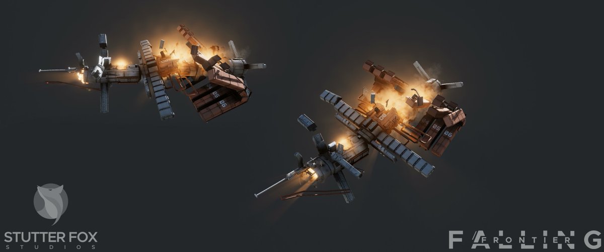 A moment captured in time. A medium station ripped apart by an internal explosion.

Falling Frontier's destruction process uses physics to push debris around an "explosion point".

The sequence uses volumetric spheres + animated sprite sheets &amp; motion vectors for the explosions.