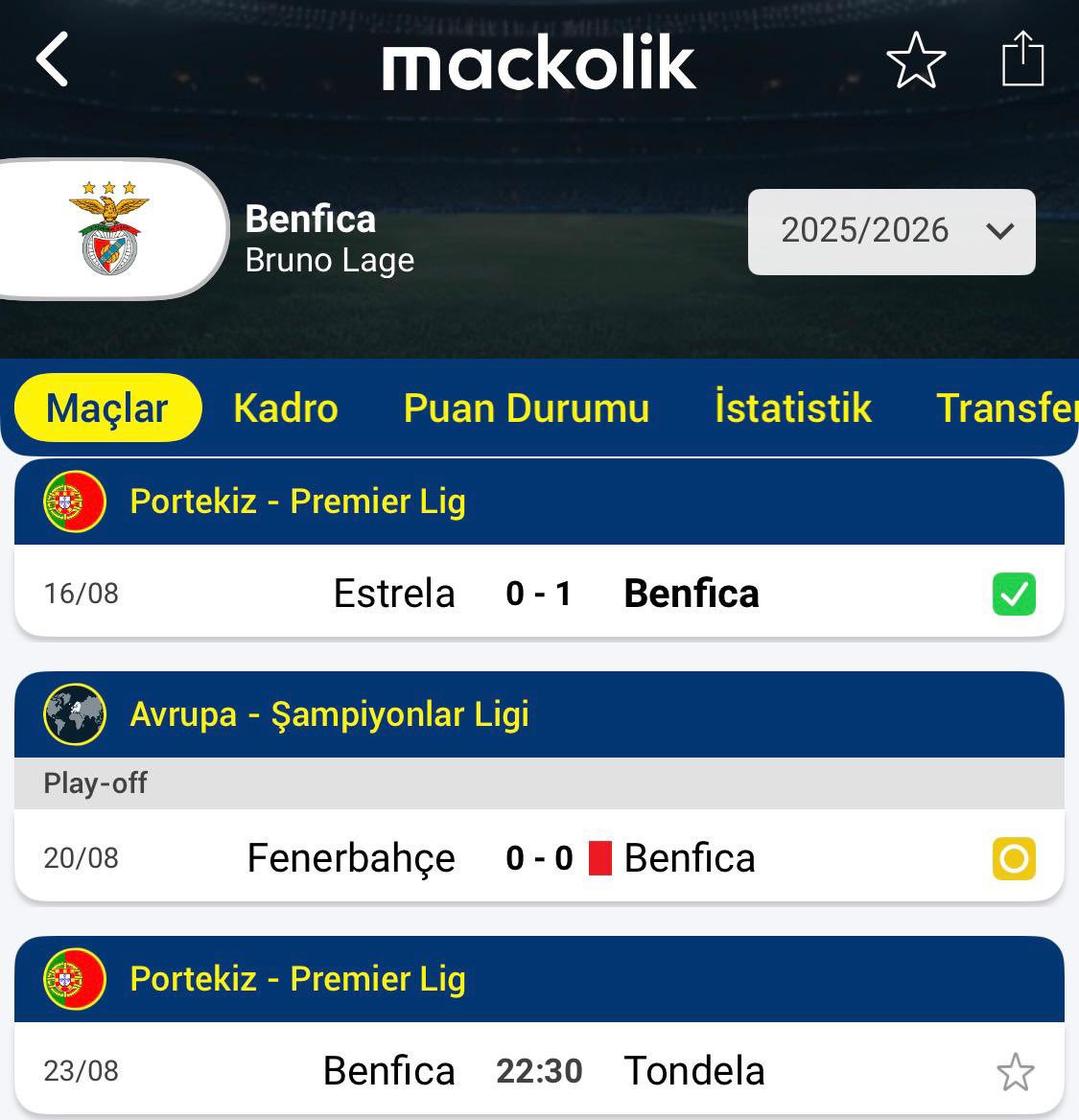 Takımımız Benfica, 21/22 sezonunda Play-Off’ta PSV ile 0-0 berabere kalıp kırmızı kart görmüştü. Ardından lige dönüp Tondela karşısında sürpriz bir sonuca imza atmıştı.
Bu sezon da aynı senaryo gerçekleşiyor; Fenerbahçe ile 0-0’a bağlayıp kırmızı kart görüyorlar ve yine ligde