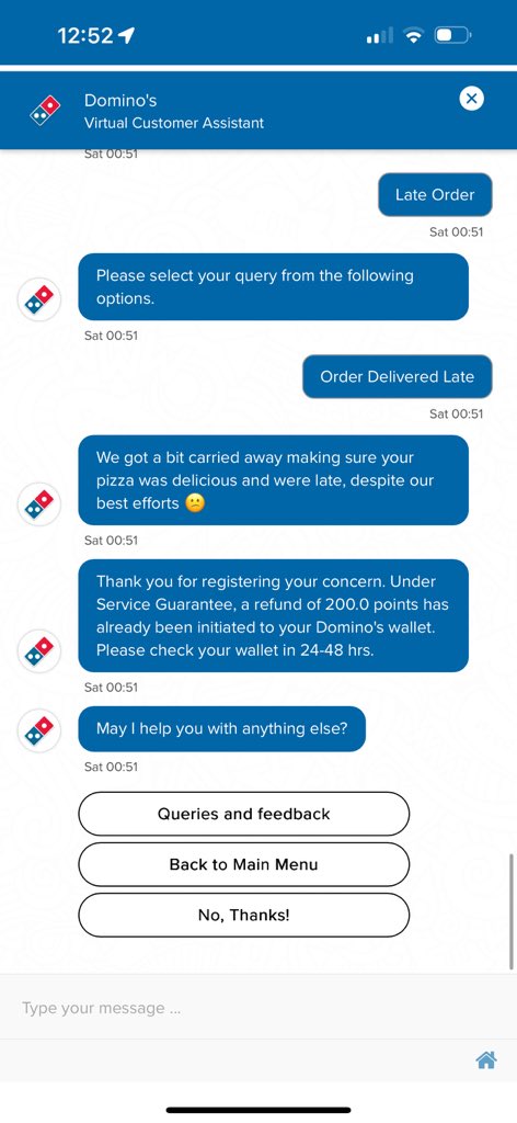 SmitPat46206343's tweet photo. @dominos_india @dominos Recently order pizza was delivered late and showed 20 mins delivery or refund of 200 rs , in app every time shows refund will be processed in 24-48 hrs bit it is not coming 
please refund it. https://t.co/Q3J2H5UxYe