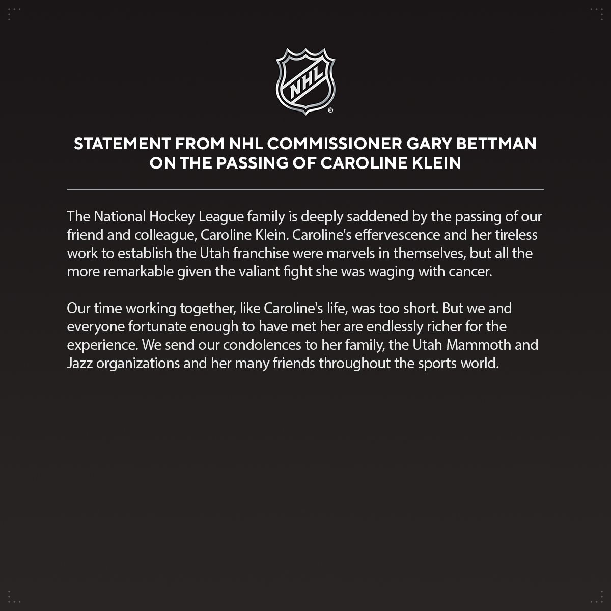 The NHL mourns the loss of Caroline Klein, Utah Mammoth and Smith Entertainment Group’s Chief Communications Officer.