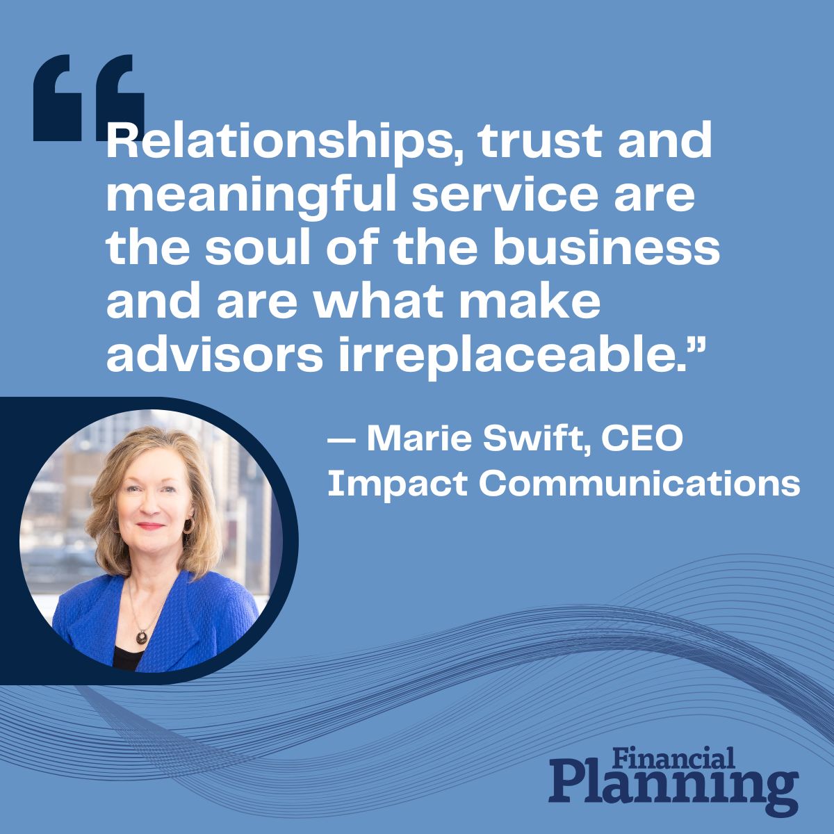 Impact Communications (@impactmarcompr) on Twitter photo When <a href="/marieswift/">Marie Swift</a> attended <a href="/MorningstarInc/">Morningstar, Inc.</a>'s investment conference this summer, she saw how growth-minded advisors are evolving from ābeing all things to all people to being everything to the right people.ā Link to the article published by <a href="/finplan/">Financial Planning</a> in the comments below. When <a href="/marieswift/">Marie Swift</a> attended <a href="/MorningstarInc/">Morningstar, Inc.</a>'s investment conference this summer, she saw how growth-minded advisors are evolving from ābeing all things to all people to being everything to the right people.ā Link to the article published by <a href="/finplan/">Financial Planning</a> in the comments below.