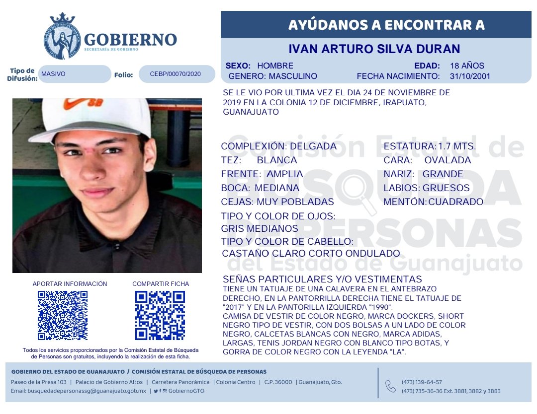 🔍👤 ¿Lo has visto?
Tu apoyo puede marcar la diferencia. 
Si tienes algún dato que ayude a localizar a Iván, compártelo con nosotros. Cada información suma. 
📞 473 735 3636 ext. 3881 | 473 139 6457.
#BúsquedasGto 🚨