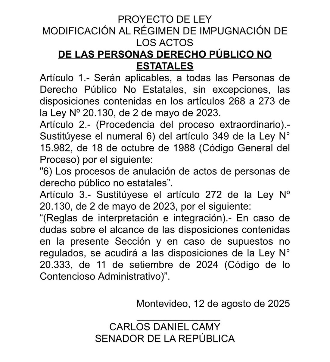 Presentamos en el <a href="/SenadoUy/">Senado Uruguay</a> , proyecto de ley que procura unificar todo el régimen de impugnación, estableciendo una regulación única a todas las personas  de Derecho Público no Estatal, sin excepciones, estableciendo certezas y garantías para todas las partes.