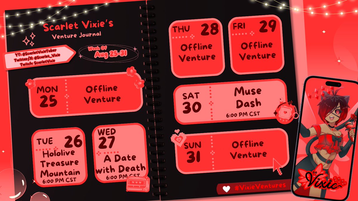 Scarlet_Vixie's tweet photo. Starting a new game this week! Plus returning to my usual games. New schedule for the week! Roku Roku!
❤️🔥General: #ScarletVixie
❤️🔥Videos: #VixieVids
❤️🔥Livestreams: #VixieVentures
❤️🔥Fanart: #Vixiellust
❤️🔥Memes: #VixieVines
❤️🔥Music: #VixieVocals
《 #VTuber ✧ #VTubersUprising 》 https://t.co/gONOyKBjJc