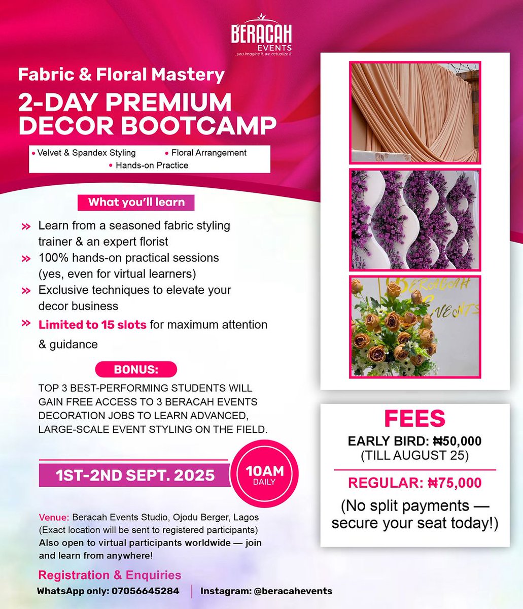 _DebbieOA's tweet image. So my dear sister, @beracahevents will be holding a 2-Day PREMIUM DECOR BOOTCAMP (Sept 1st &amp;amp; 2nd, 2025). 
It’s hands-on, practical, and specially designed for anyone passionate about fabric styling, florals and everything in between.

And the exciting part is that the main…