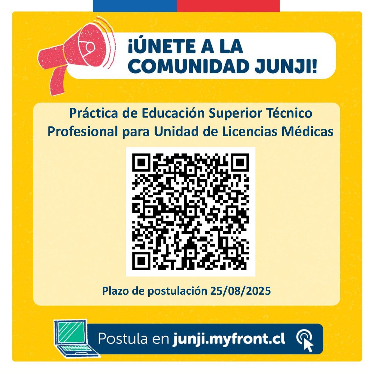 📢Esta oportunidad puede ser para ti. 
Súmate a nuestra Comunidad JUNJI a través de tu práctica laboral. 

👉Escanea el código QR y postula.