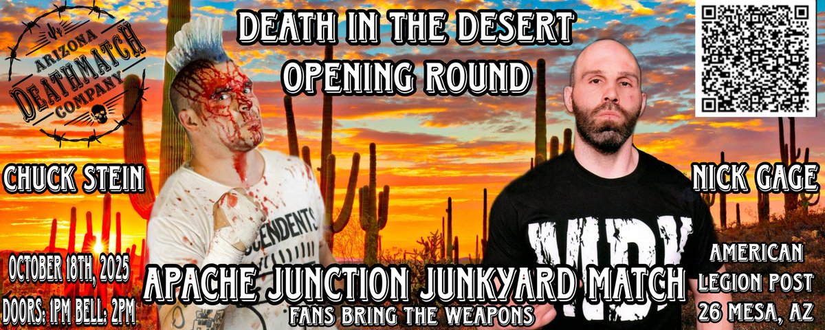 AZDMCo's tweet image. Last opening round match!
Chuck Stein vs Nick Gage in an APACHE JUNCTION JUNKYARD fans bring the weapons match!
 eventbrite.com/e/death-in-the…

#deathmatch #deathmatchwrestling #NDC #nickgage #chuckstein #hardcore #michaelkrueger #masada #wrestling #prowrestling #arizona #az #mesaaz