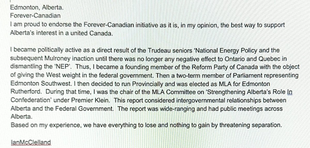 LukaszukAB's tweet photo. Thank you Ian McClelland, former Reform Party founding MP.

Ian’s endorsement of the #ForeverCanadian petition to keep Alberta united in Canada, is the latest support we are seeing from across poltiical lines!

Thank you, Ian!

#Cdnpoli #Ableg https://t.co/HS5BcjdVMl
