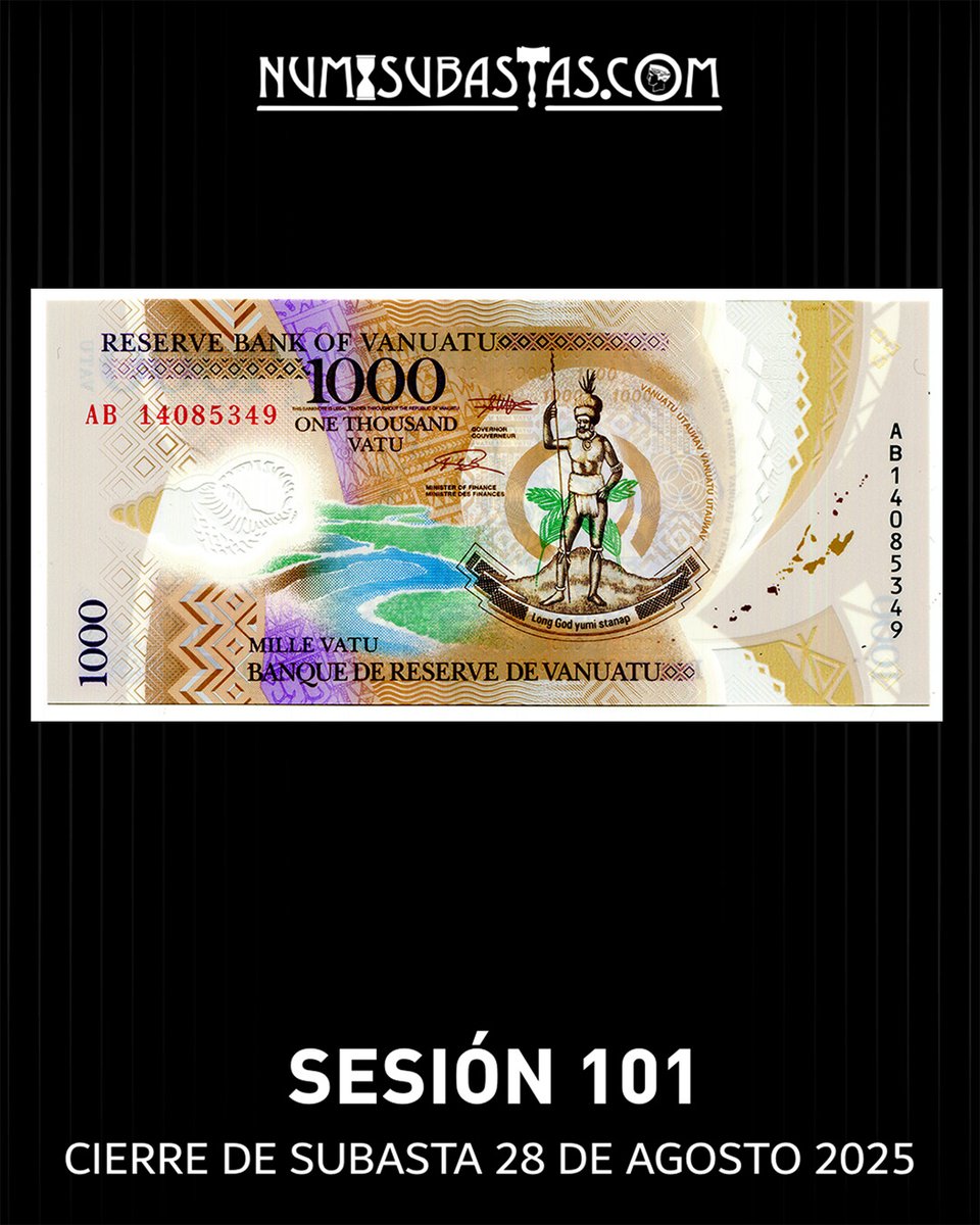 numisubastas's tweet photo. EN SUBASTA:
LOTE# 101-34
ESPECTACULAR BILLETE DE POLÍMERO DE 1.000 VATU DE VANUATU
https://t.co/NjARh3idNz
#Numisubastas #SubastaNumismatica #Notafilia #Coleccionismo #History #Historia #Billete #Banknotes https://t.co/kFscydzs4S