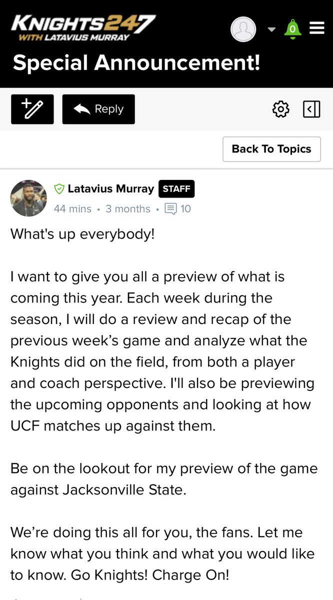Head over to the Knights247.com message board and let Latavius know what you want to learn about the Knights  and opponents. 

247sports.com/college/centra…