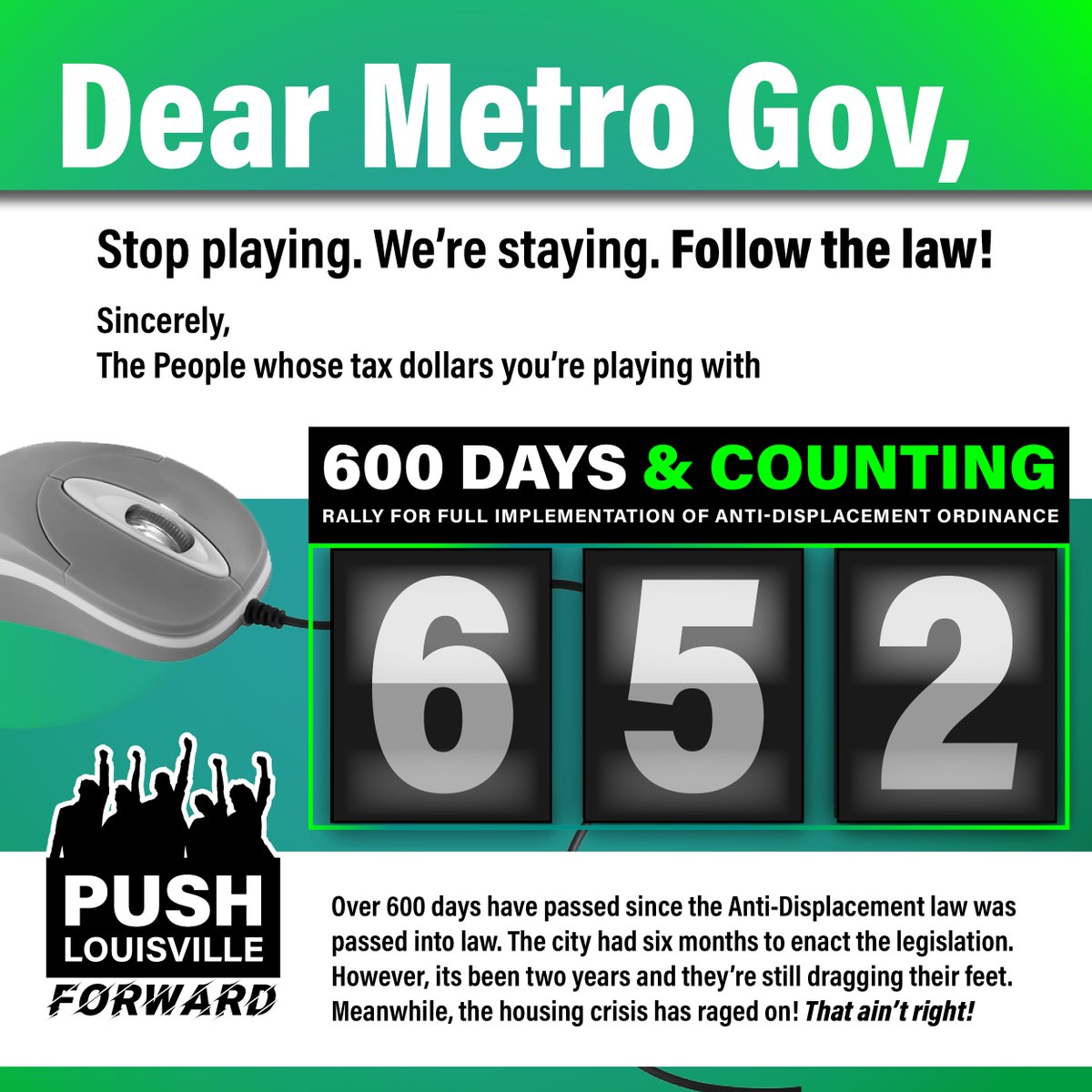 PUSHLouisville's tweet image. #600DaysandCounting — Day 652

We rallied outside of the Metro Development Center to demand the city follow the law it passed nearly 2 yrs ago. Louisvillians all over the city are struggling to survive in this housing crisis. 
@louisvillekygov why are you dragging your feet?