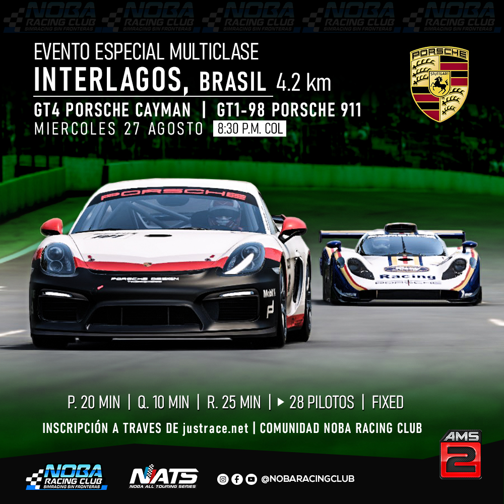 ¡Evento Especial: MultiPorsche | Automobilista 2! 🏁
📅 Fecha: Miércoles 27 septiembre
⏰ Hora: 8:30 PM
🔒 Password para registro y servidor: NRCams2

Link para registro:
nobaracingclub.justrace.net/en/user/events…

Discord Noba: discord.gg/NUbJFxXH8w
Wapp AMS2: chat.whatsapp.com/HJwEzQHpnhjHAn…