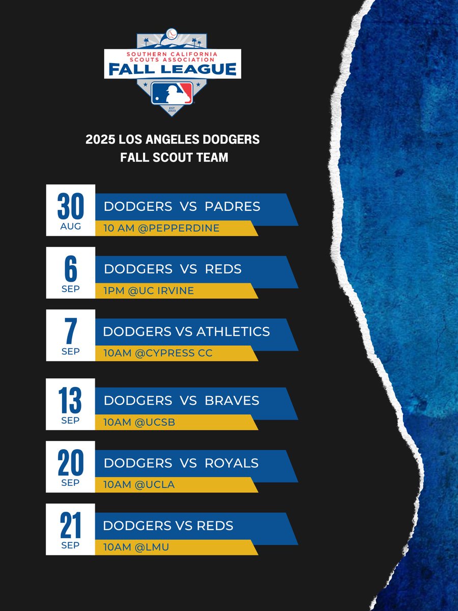 Los Angeles Dodgers 2025 Fall Scout Team Schedule! <a href="/Dodgers/">Los Angeles Dodgers</a>  <a href="/knightknation4L/">Knights Knation #4L</a> <a href="/socalscouts/">PBSSC</a>