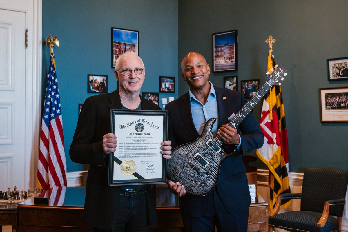 prsguitars's tweet image. Happy Paul Reed Smith Day! Today, Maryland Governor Wes Moore declared August 22, 2025 as "Paul Reed Smith Day" to celebrate Paul's significance to the local economy and for his achievements globally as a lifelong Marylander. 🦀 Fun fact: on this day 40 years ago, the first PRS…